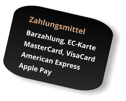 Zahlungsmittel Barzahlung, EC-Karte MasterCard, VisaCard American Express Apple Pay